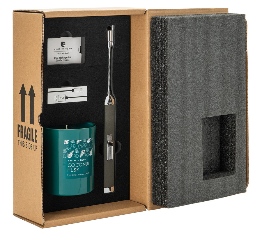 set de regalo de encendedor recargable pebble y vela de cáscara de coco de 8 oz