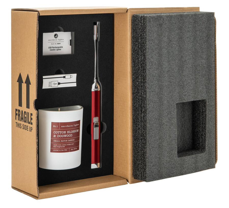set de regalo de encendedor recargable de vela roja de manzana de caramelo y vela de algodón y cornejo de 8 oz