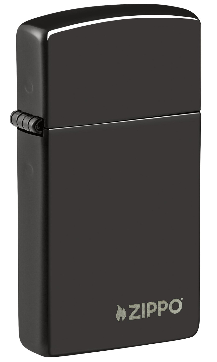 zippo slim de alto brillo negro con logotipo