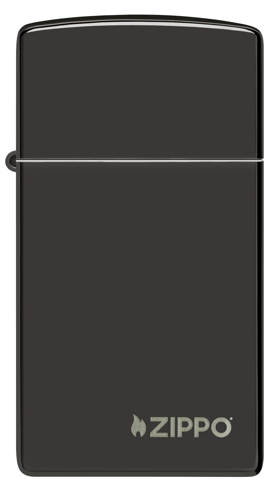 zippo slim de alto brillo negro con logotipo