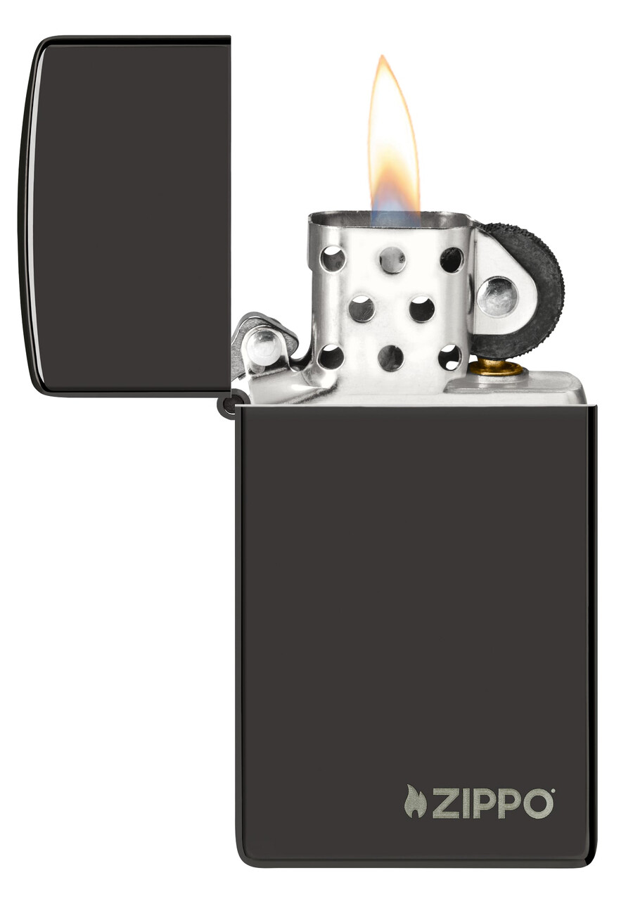 zippo slim de alto brillo negro con logotipo