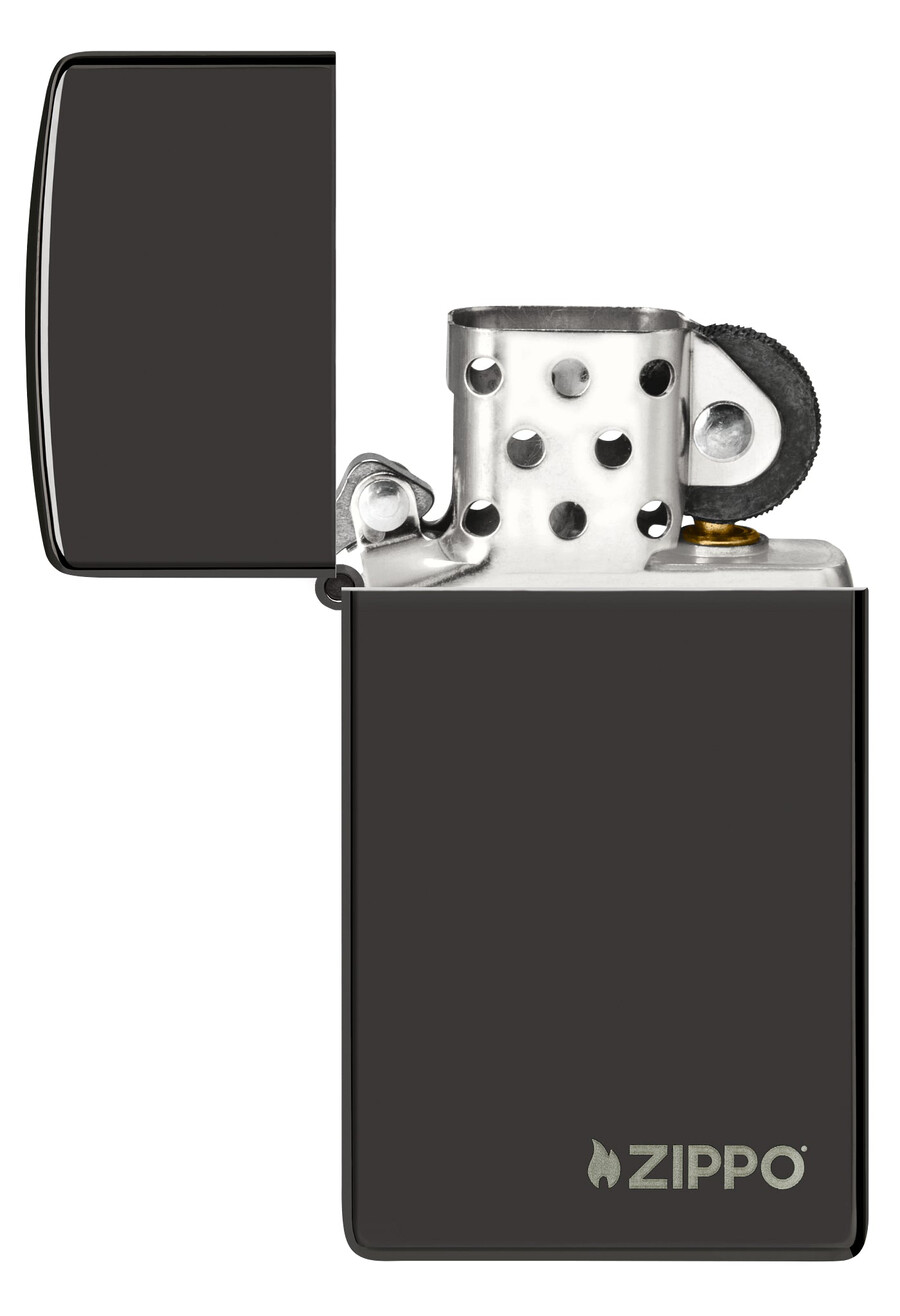 zippo slim de alto brillo negro con logotipo