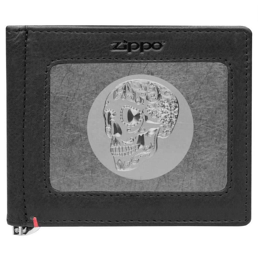 cartera de cuero negra con diseño de calavera y placa metálica
