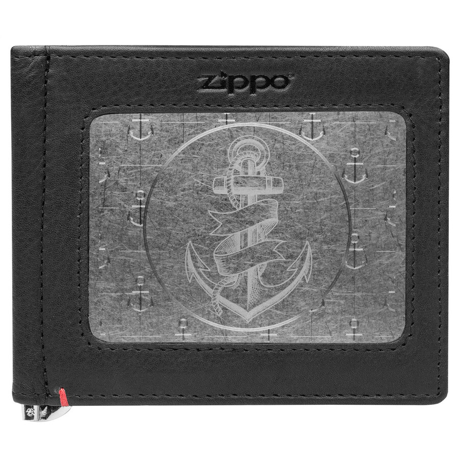 cartera de cuero negra con diseño de placa de metal con ancla