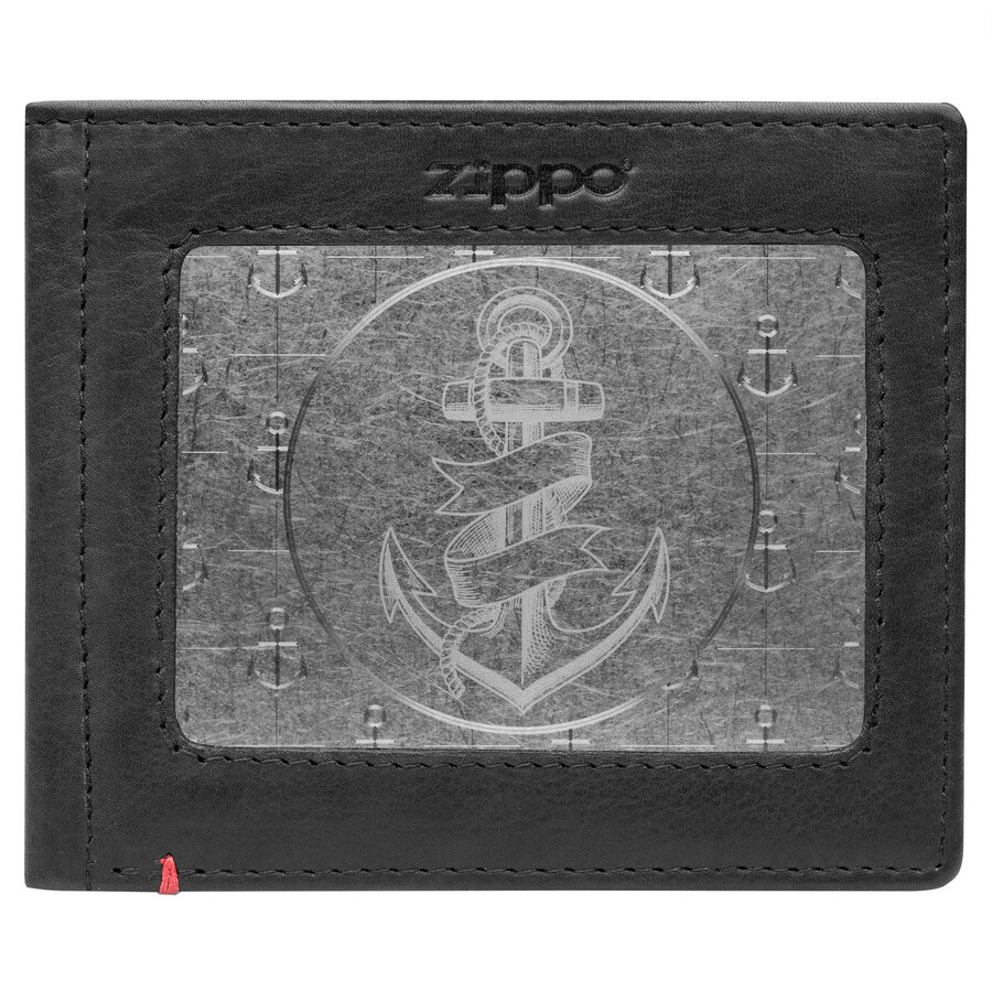cartera de cuero negra con diseño de placa de metal con ancla