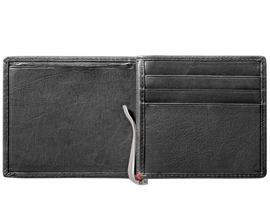 cartera de cuero negra con diseño de placa de metal con ancla