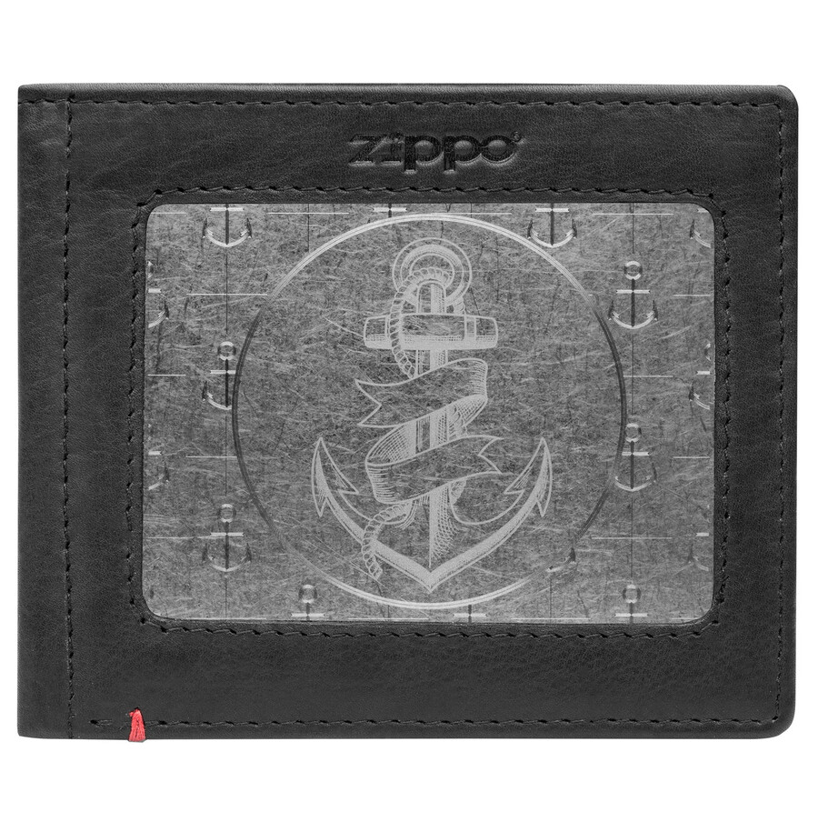 cartera de cuero negra con diseño de placa de metal con ancla