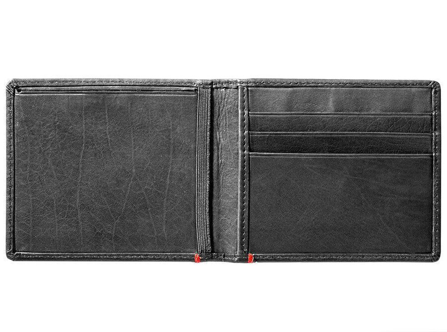 cartera de cuero negra con diseño de placa metálica de bajo