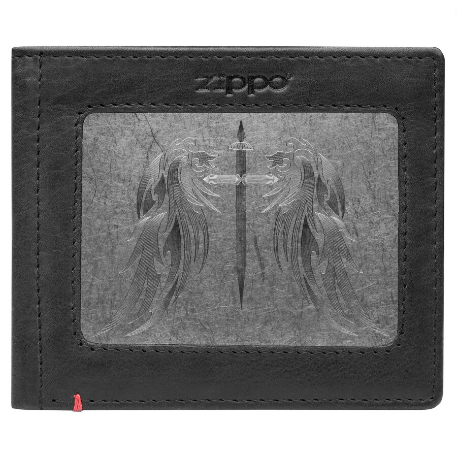 cartera de cuero negra con diseño de placa metálica y alas cruzadas