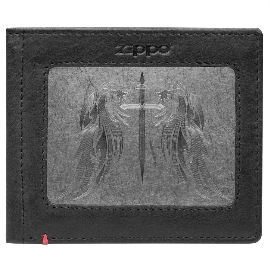 cartera de cuero negra con diseño de placa metálica y alas cruzadas