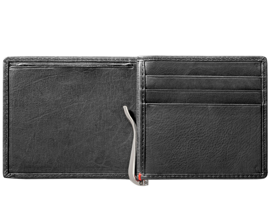 cartera de cuero negra con diseño de placa metálica y alas cruzadas