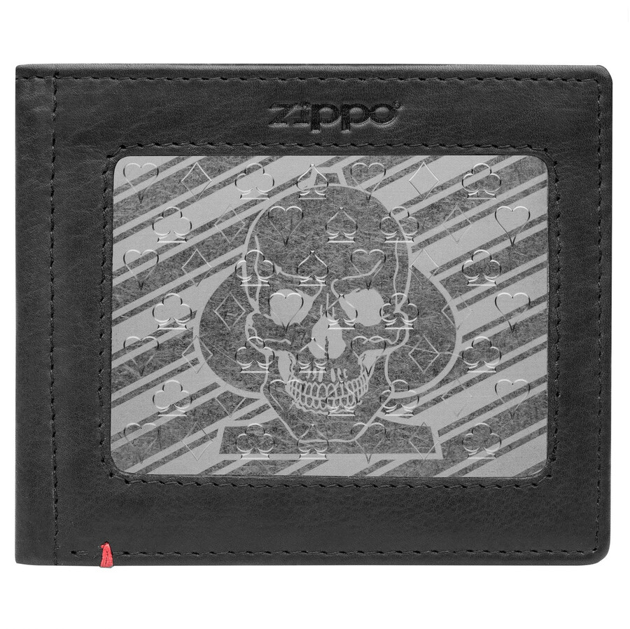 cartera de cuero negra con diseño de calavera con picas y placa metálica