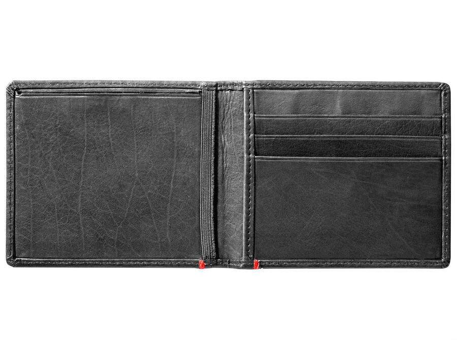 cartera de cuero negra con diseño de calavera con picas y placa metálica