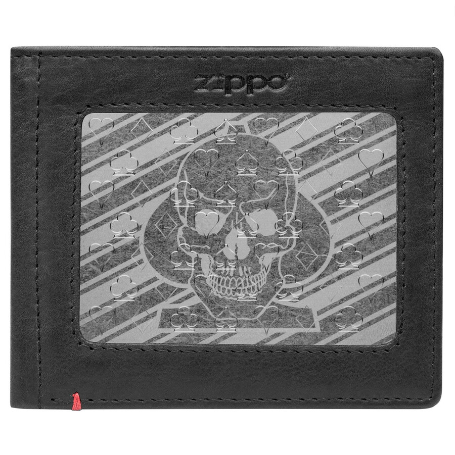 cartera de cuero negra con diseño de calavera con picas y placa metálica