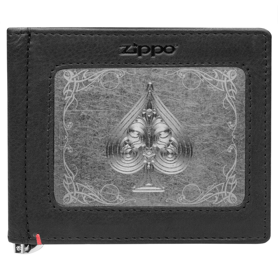 cartera de cuero negra con diseño de placa de metal de pala