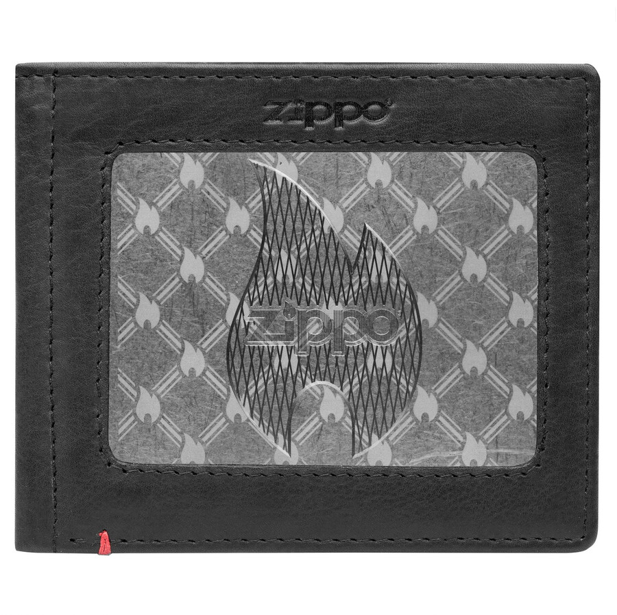 cartera de cuero negra con diseño de placa metálica de llama zippo