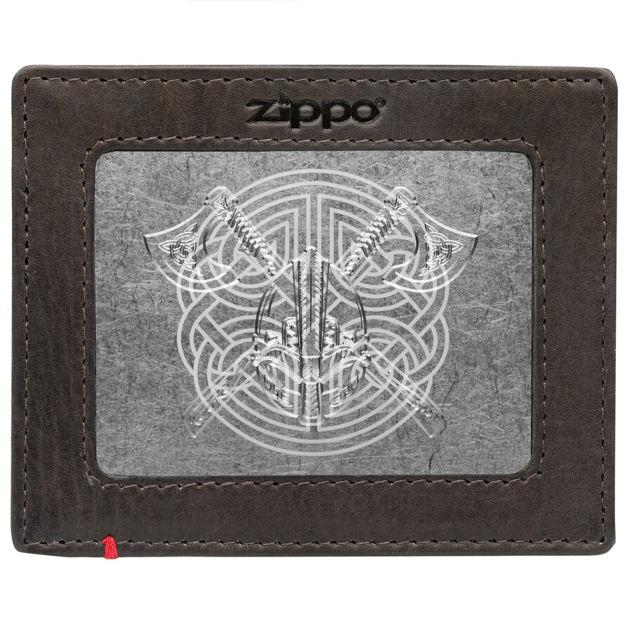 cartera de piel color moca con diseño de placa de metal vikinga