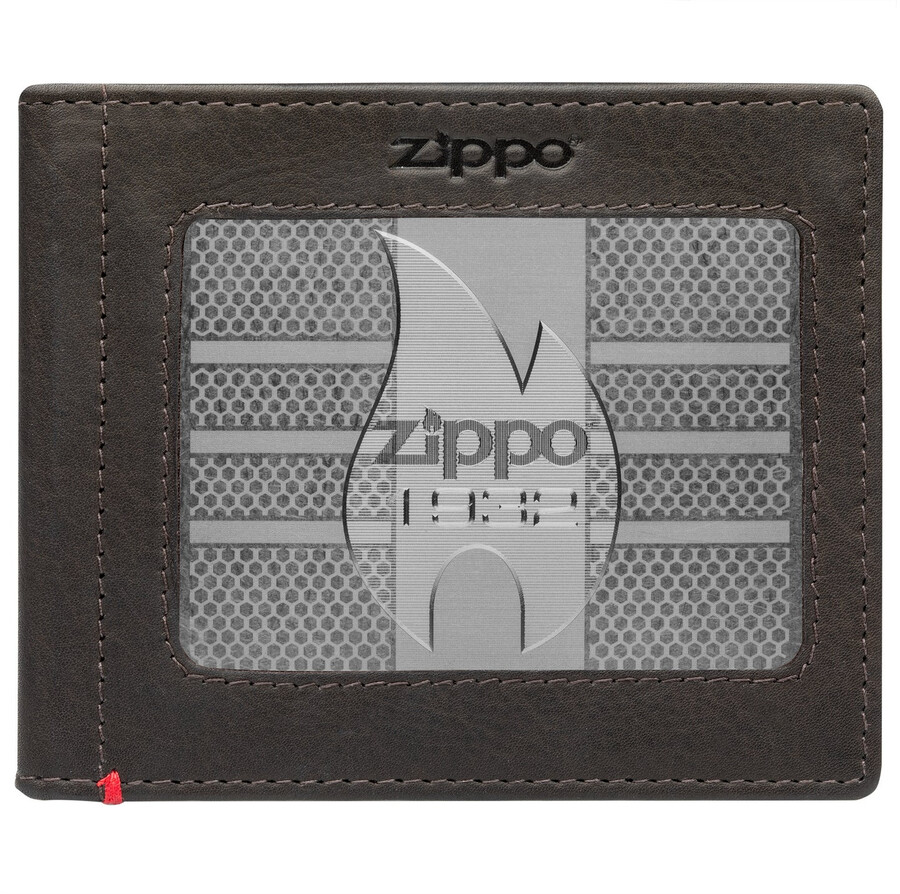 cartera de piel color moca - zippo 1932 con placa de metal